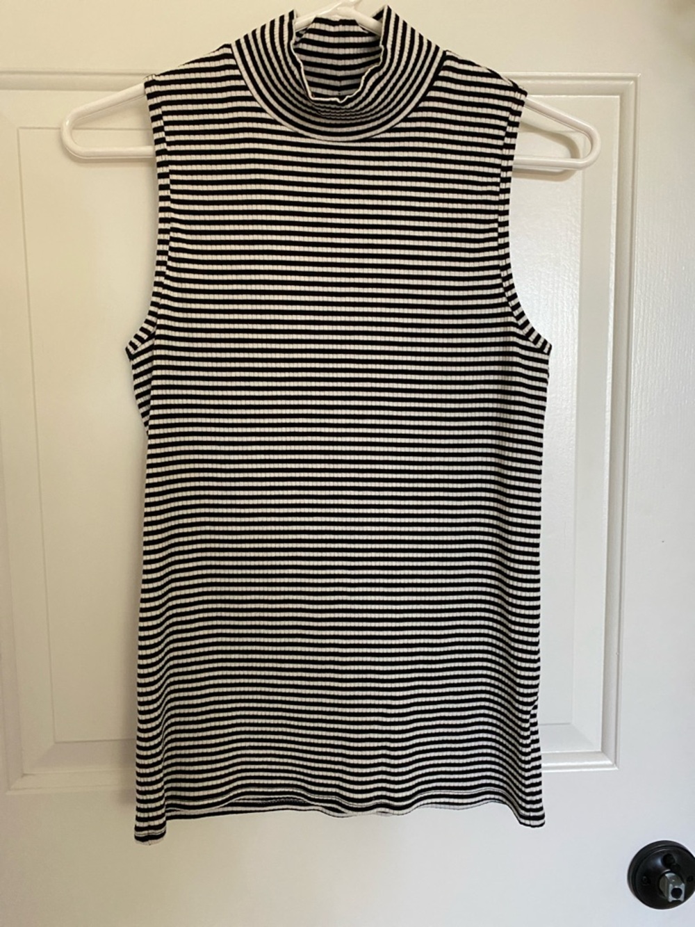 Athleta Black and White Striped Sleeveless Turtleneck Tank